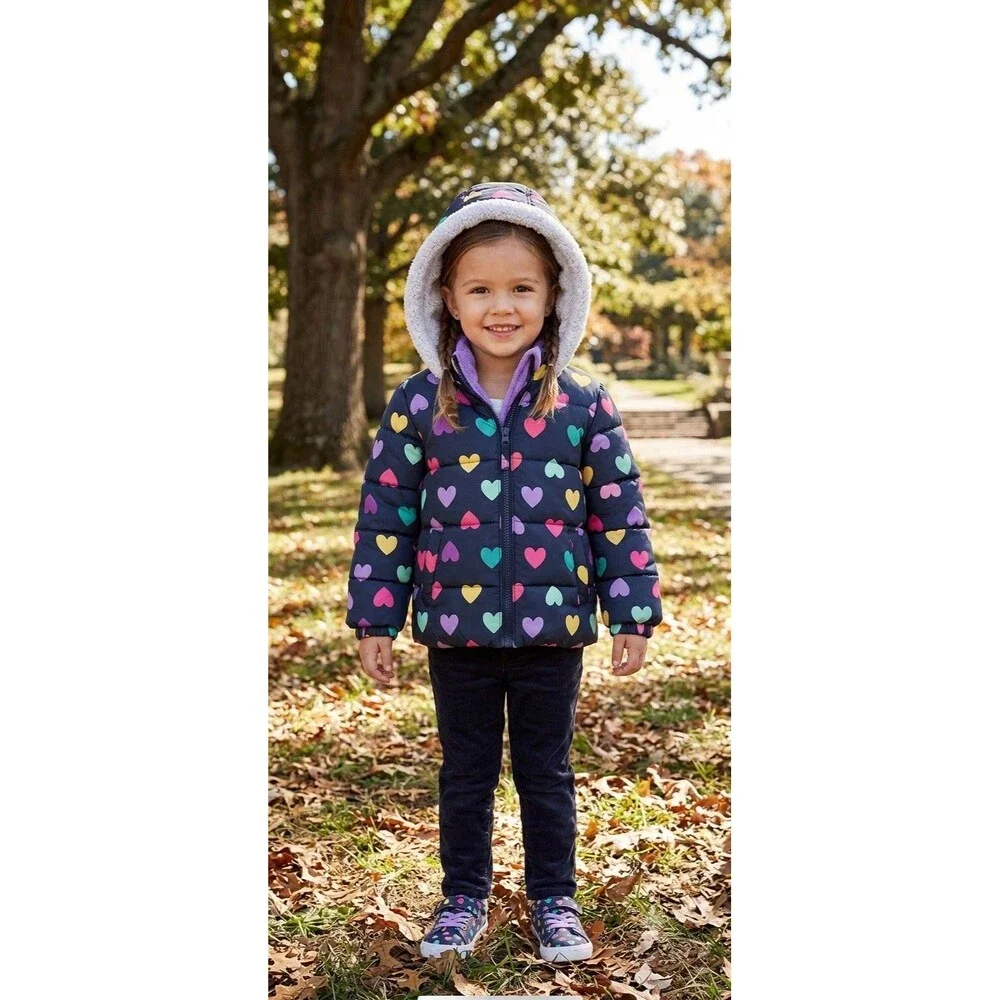 NWOT Carter’s Toddler Girls Heart Print Heavyweight Puffer Jacket Coat Purple 4T